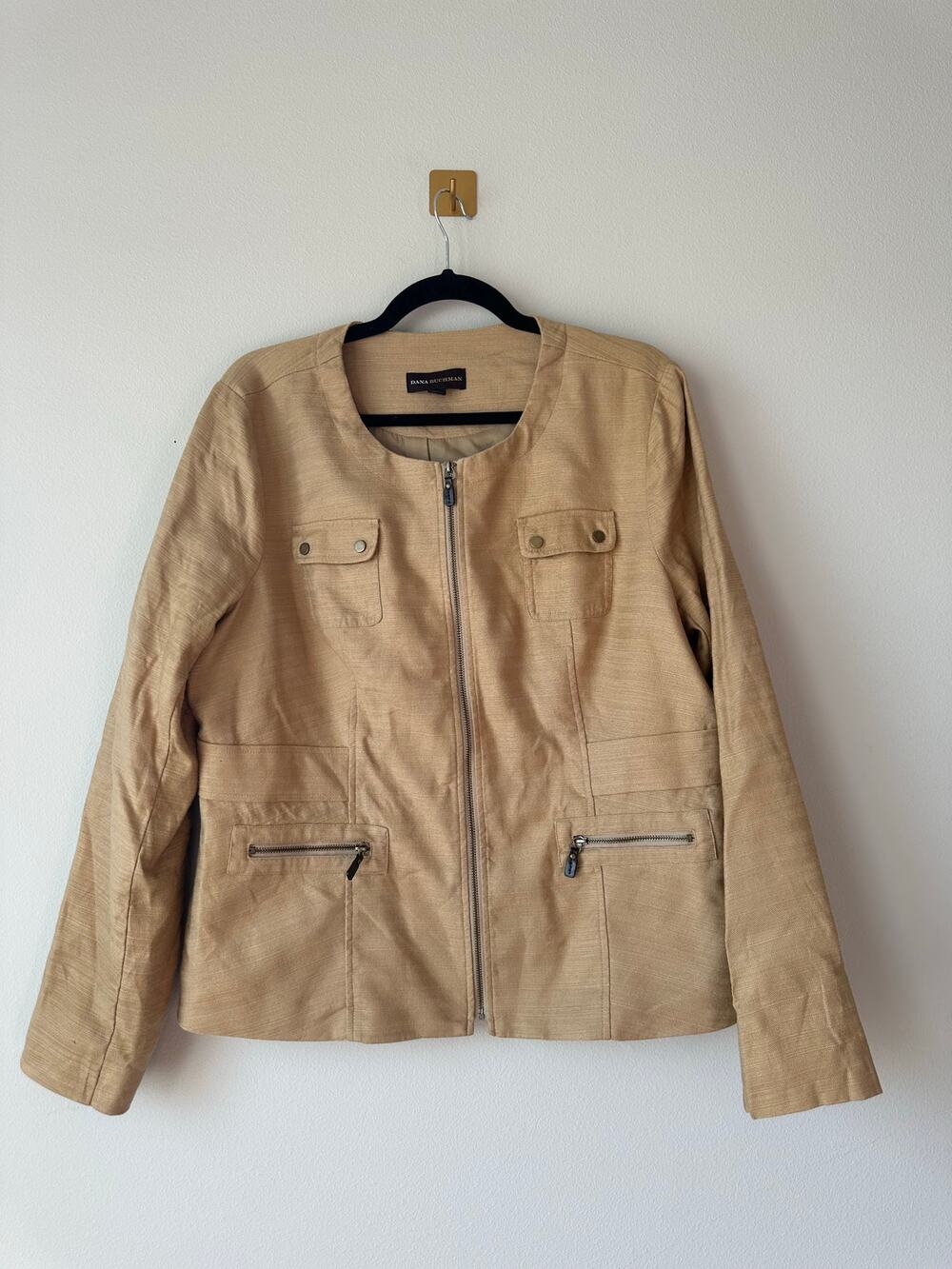 Dana Buchman Linen Cotton Safari Utility Jacket Tan Zip Front Size 16
